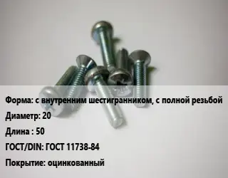 Винт с внутренним шестигранником, с полной резьбой 20х50 ГОСТ 11738-84 оцинкованный